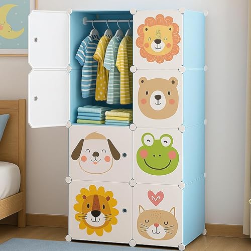 Zemic Collapsible Wardrobe for Clothes - DIY 𝟖 𝐂𝐮𝐛𝐞 Plastic Almirah for Clothes with Doors, Side Hanger, Foldable Wardrobe for Storage for Kitchen Home, Living, Office (Blue, 8 Cube) - Image 1