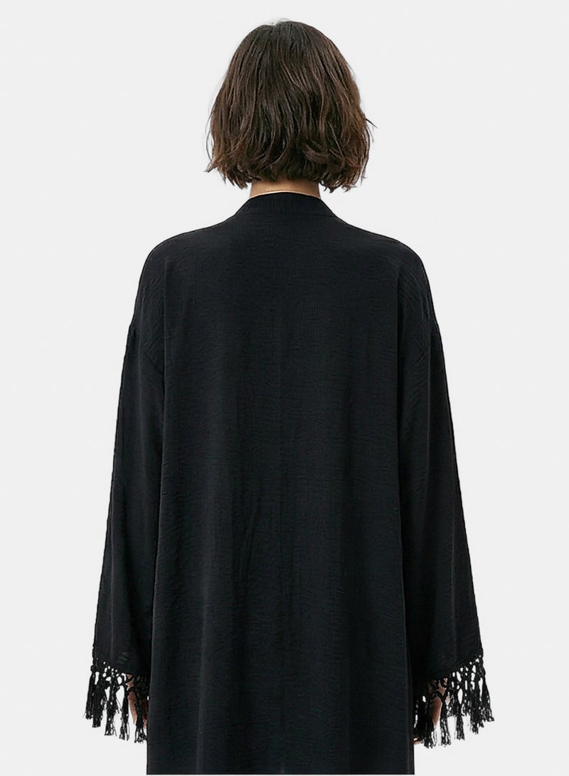 RAVIN Women Black Tassel-Cuff Longline Open Cardigan - Image 2