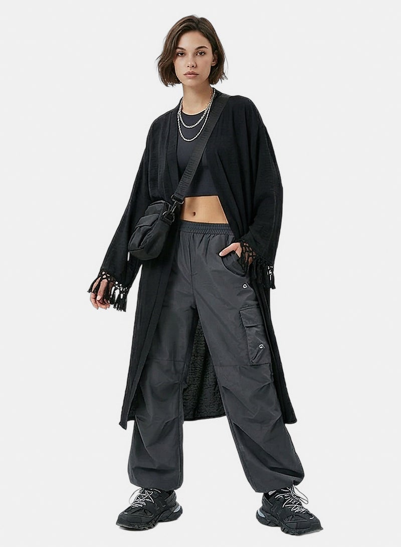 RAVIN Women Black Tassel-Cuff Longline Open Cardigan - Image 3