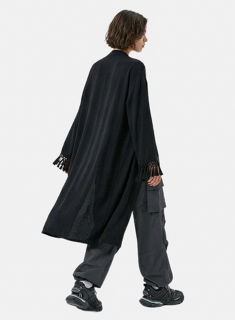 RAVIN Women Black Tassel-Cuff Longline Open Cardigan - Image 4