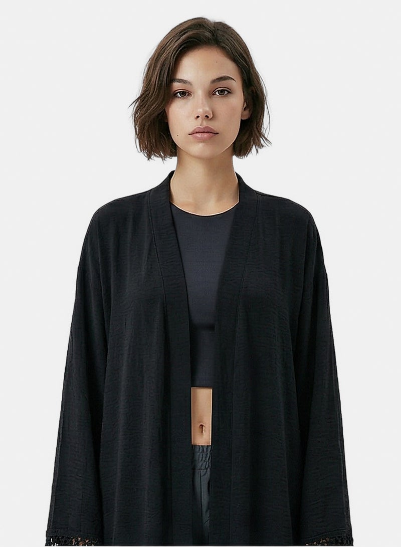 RAVIN Women Black Tassel-Cuff Longline Open Cardigan - Image 1