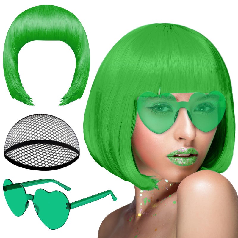 PLULON Dark Green Bob Wig and Sunglass Set, Neon Short Bob Wig Sunglass Pack Costume Colorful Cosplay Wig Hairpieces for Bachelorette Neon Party Favors, Halloween Decorations - Image 1