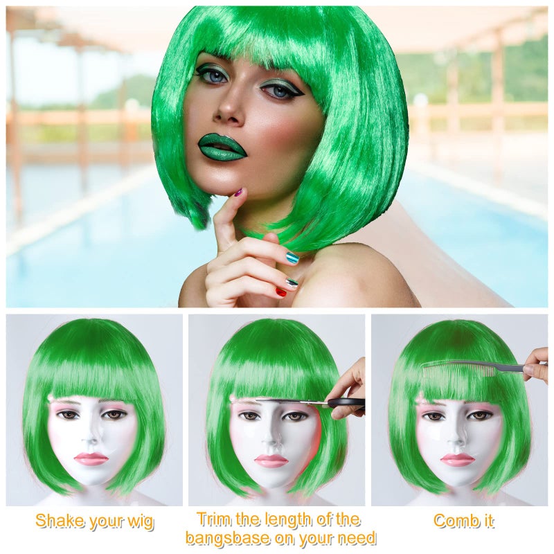PLULON Dark Green Bob Wig and Sunglass Set, Neon Short Bob Wig Sunglass Pack Costume Colorful Cosplay Wig Hairpieces for Bachelorette Neon Party Favors, Halloween Decorations - Image 3