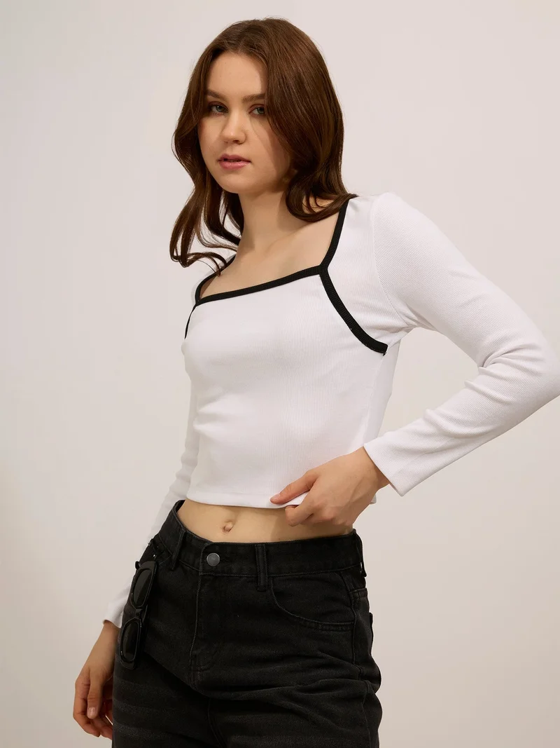 OUTZIDR White Contrast Rib Knit Top