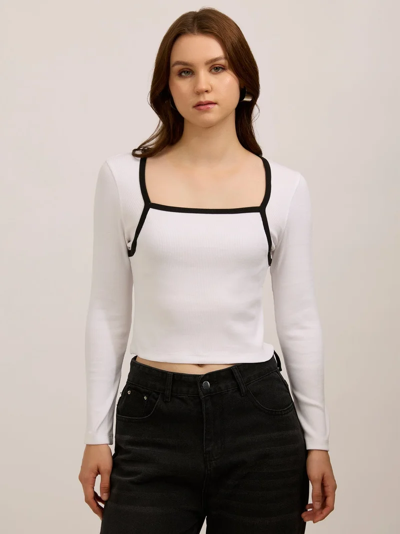 Outzidr White White Contrast Rib Knit Top for Women | Best Price UAE