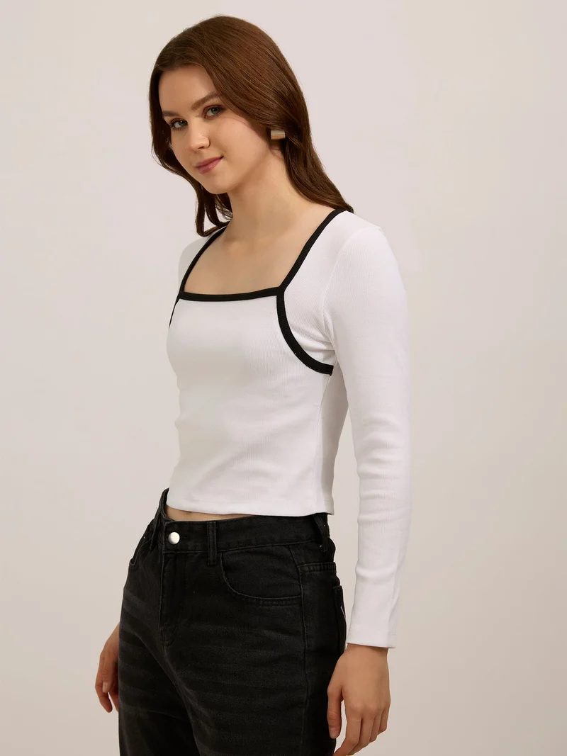Outzidr White White Contrast Rib Knit Top for Women | Best Price UAE