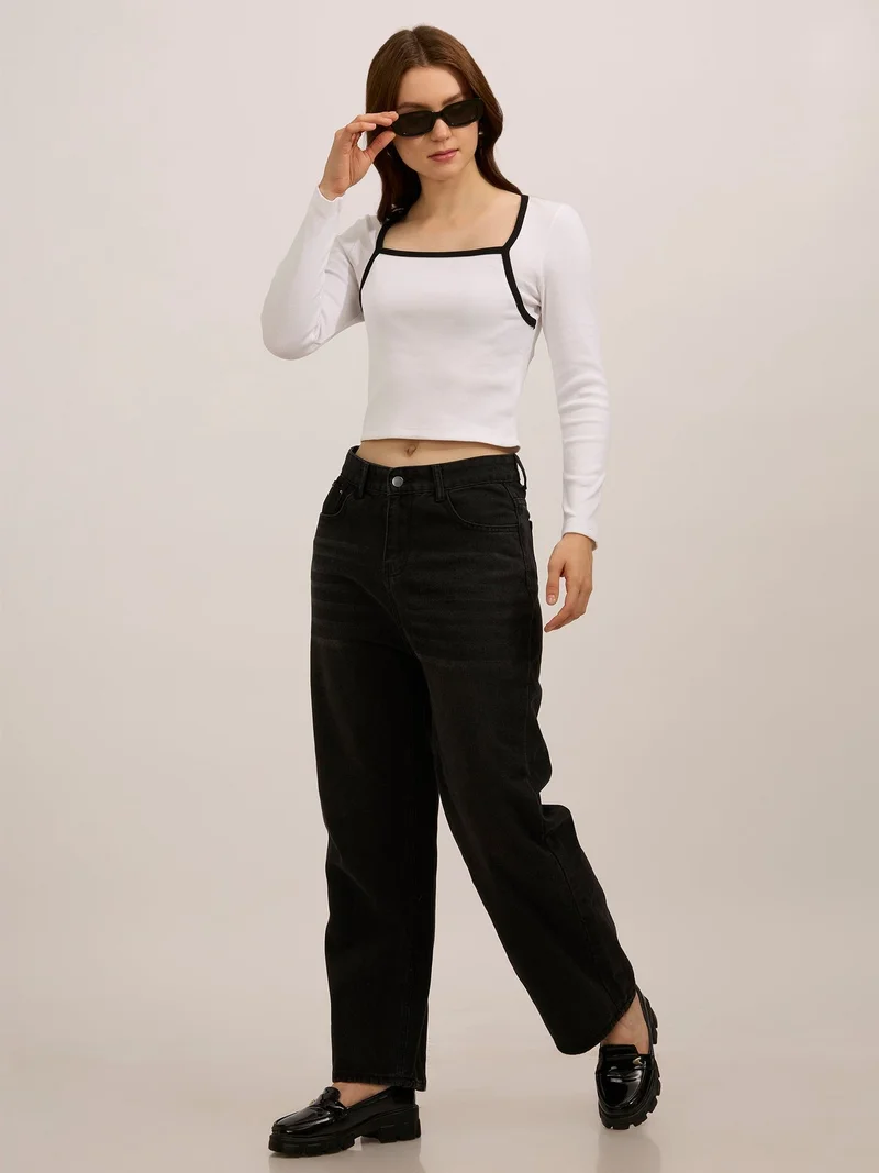 Outzidr White White Contrast Rib Knit Top for Women | Best Price UAE