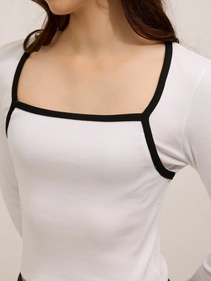 Outzidr White White Contrast Rib Knit Top for Women | Best Price UAE
