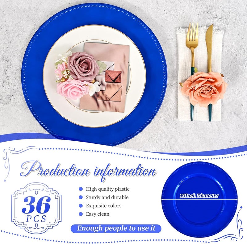 FXKS 36 Pcs Royal Blue Charger Plates Round Charger Plates13 Inch Bulk Wedding Dinner Elegant Reusable Plastic Chargers Plates Wedding Holiday Party Baby Shower Event Decoration Royal Blue - Image 2