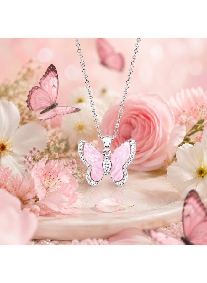 RAFAL Whisper Butterfly Women's Silver-Tone Pendant Necklace with Light Pink Enamel and Pavé Crystals - Image 3