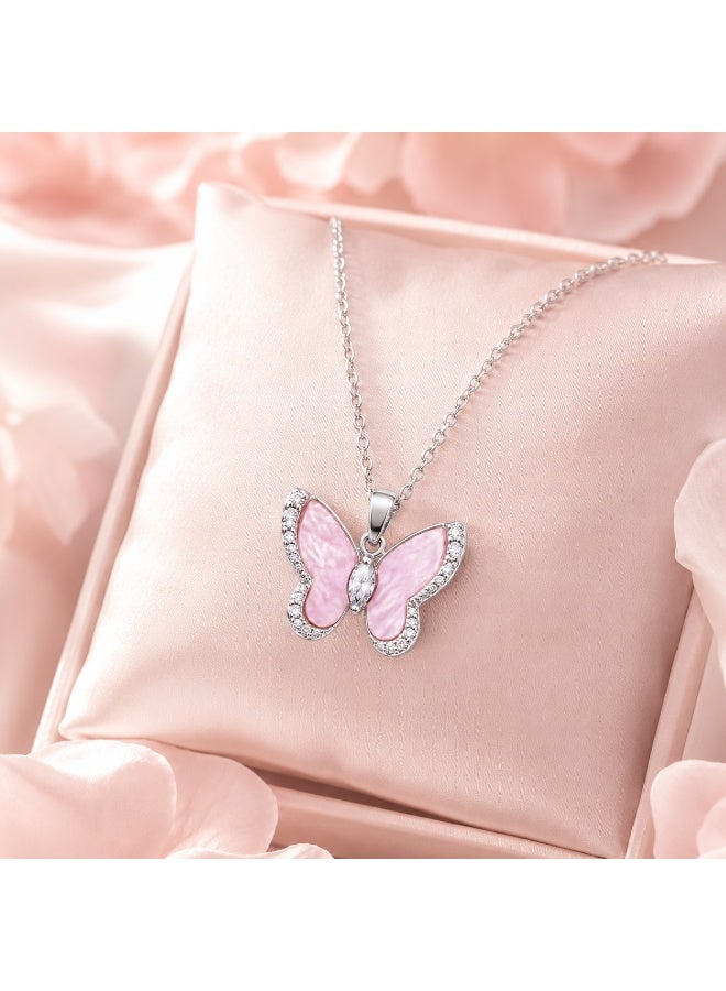 RAFAL Whisper Butterfly Women's Silver-Tone Pendant Necklace with Light Pink Enamel and Pavé Crystals - Image 4