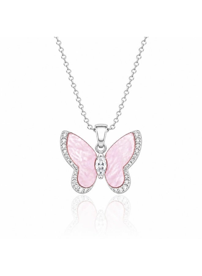 RAFAL Whisper Butterfly Women's Silver-Tone Pendant Necklace with Light Pink Enamel and Pavé Crystals - Image 1