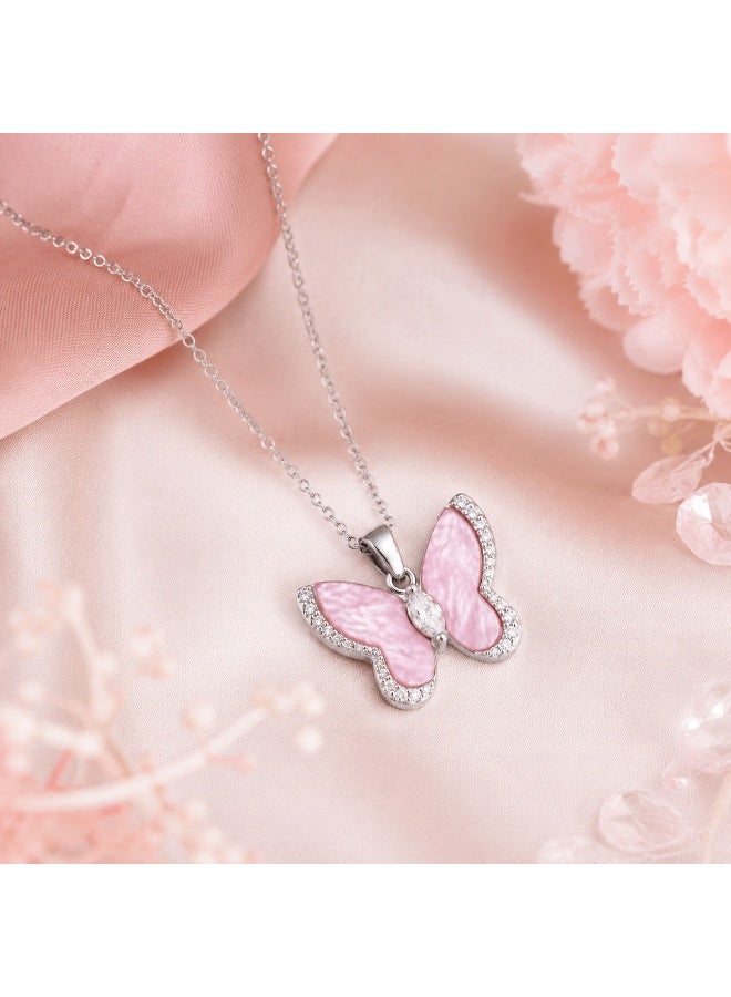 RAFAL Whisper Butterfly Women's Silver-Tone Pendant Necklace with Light Pink Enamel and Pavé Crystals - Image 2