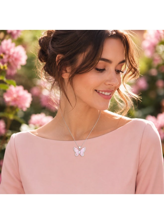 RAFAL Whisper Butterfly Women's Silver-Tone Pendant Necklace with Light Pink Enamel and Pavé Crystals - Image 5