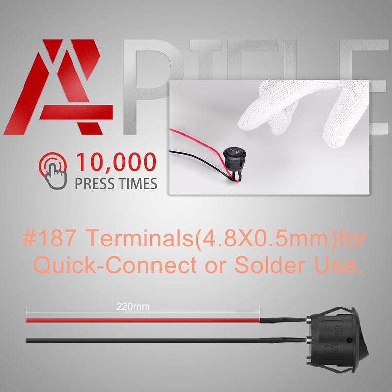 APIELE KCD1 Rocker Switch ON/OFF Rocker Switch SPST 2 Pin SPST 2 Pin Snap On Car Boat Design with Pre-Wired Wires AC 6A/250V 10A/125V 12VDC - Image 3