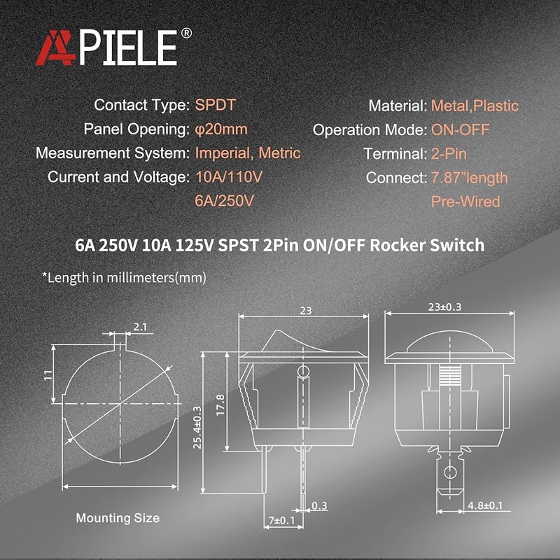 APIELE KCD1 Rocker Switch ON/OFF Rocker Switch SPST 2 Pin SPST 2 Pin Snap On Car Boat Design with Pre-Wired Wires AC 6A/250V 10A/125V 12VDC - Image 2