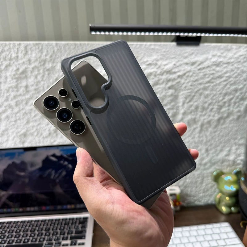 Phone Case for Galaxy S25 Ultra Black Corrugated Magnetic Charging Translucent Matte Anti Drop Anti Slip Design - Image 3