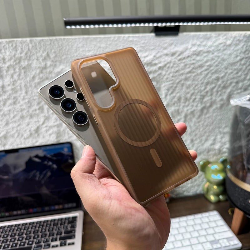 Phone Case for Galaxy S25 Ultra Black Corrugated Magnetic Charging Translucent Matte Anti Drop Anti Slip Design - Image 1