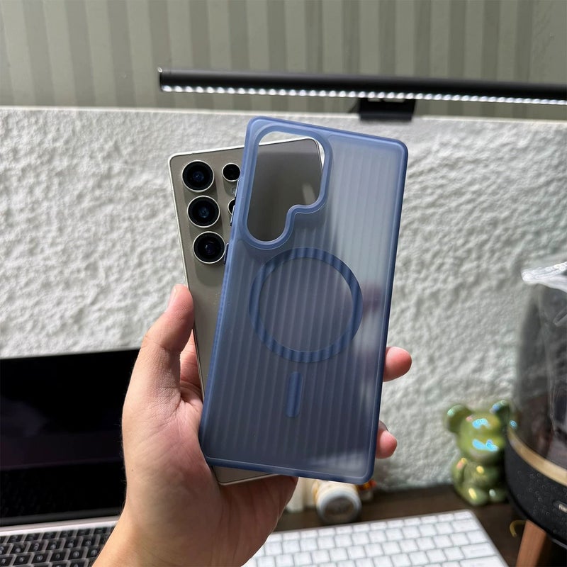 Phone Case for Galaxy S25 Ultra Black Corrugated Magnetic Charging Translucent Matte Anti Drop Anti Slip Design - Image 4