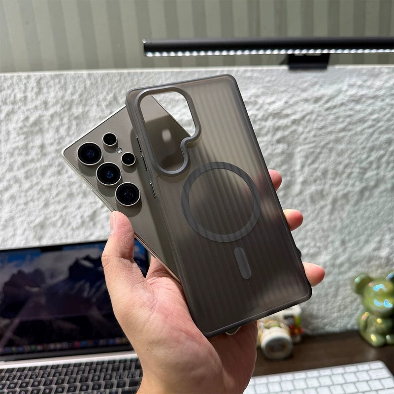 Phone Case for Galaxy S25 Ultra Black Corrugated Magnetic Charging Translucent Matte Anti Drop Anti Slip Design - Image 2