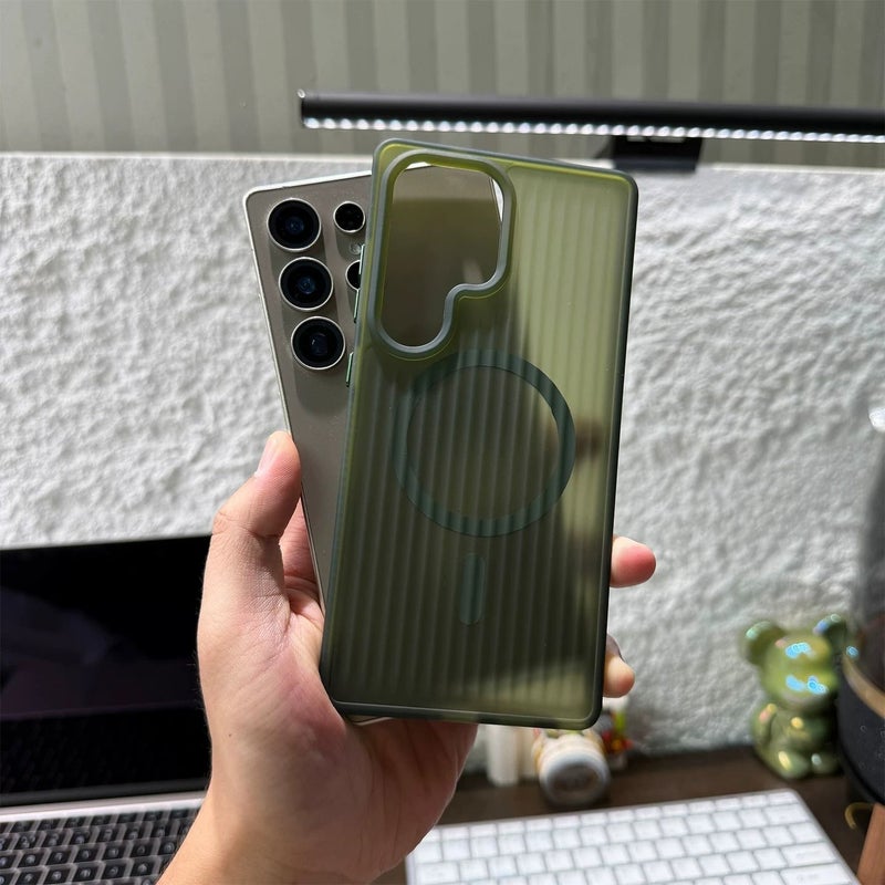 Phone Case for Galaxy S25 Ultra Black Corrugated Magnetic Charging Translucent Matte Anti Drop Anti Slip Design - Image 5