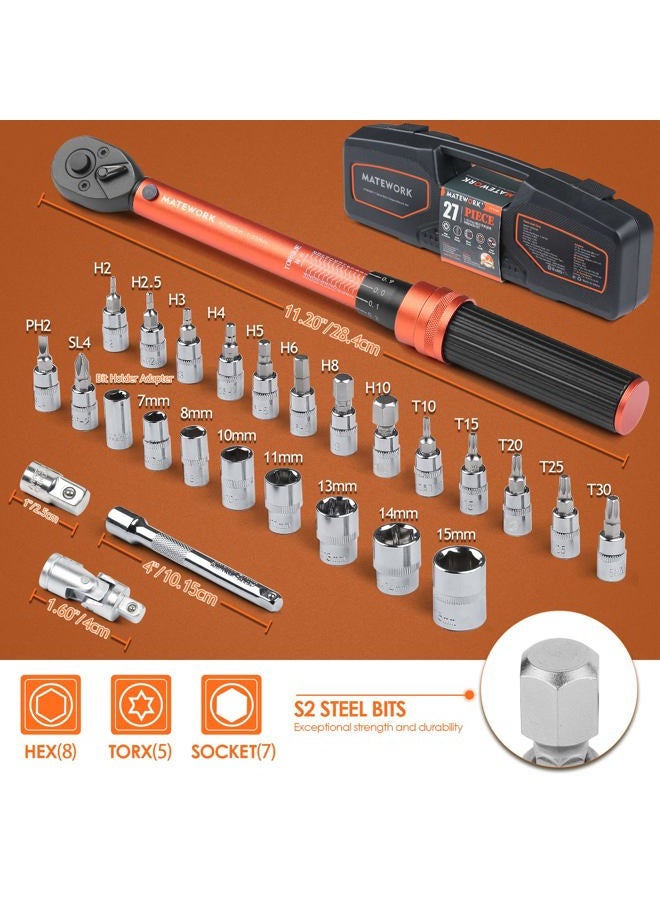 Matework 1/4 Inch Drive Click Torque Wrench, 27 PCS Bike Torque Wrench Set Double Scale (1-25Nm/8.9-221.3lb.in), 0.1Nm High Precision with Bit Sockets, 3/8 Adapter, Extension Bar, for Bicycle Maintenance - Image 2
