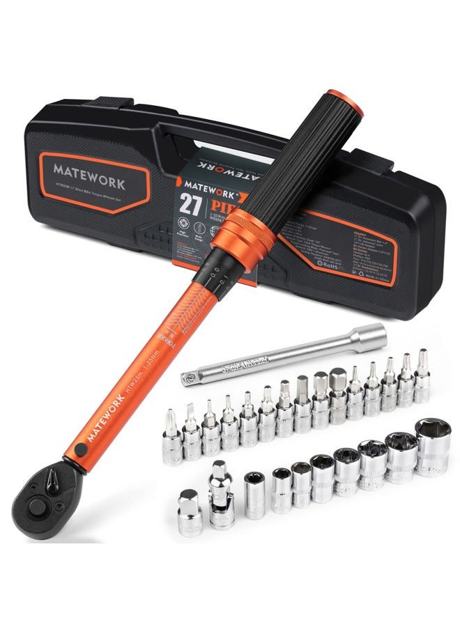 Matework 1/4 Inch Drive Click Torque Wrench, 27 PCS Bike Torque Wrench Set Double Scale (1-25Nm/8.9-221.3lb.in), 0.1Nm High Precision with Bit Sockets, 3/8 Adapter, Extension Bar, for Bicycle Maintenance - Image 1