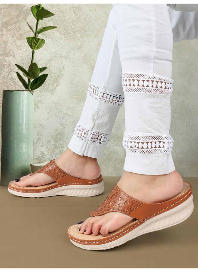 XE Looks - XE Looks Women's Tan Orthopedic Doctor Slippers | Hexagonal Cutout Design with Cushioned Footbed | Stylish & Comfortable Elegant Design with Stitched Detailing Doctor Slippers For Girls & Women - Image 1