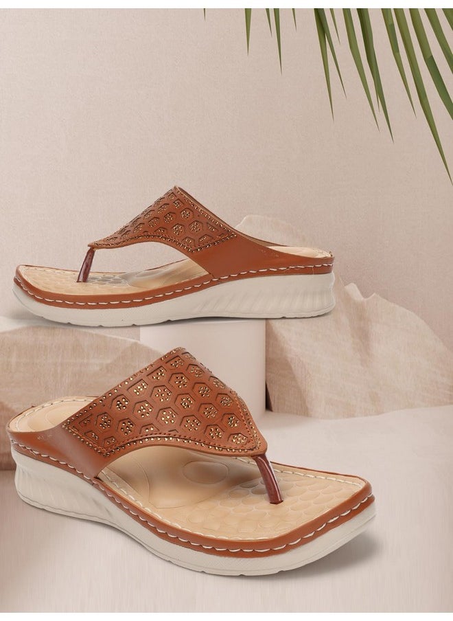 XE Looks - XE Looks Women's Tan Orthopedic Doctor Slippers | Hexagonal Cutout Design with Cushioned Footbed | Stylish & Comfortable Elegant Design with Stitched Detailing Doctor Slippers For Girls & Women - Image 1