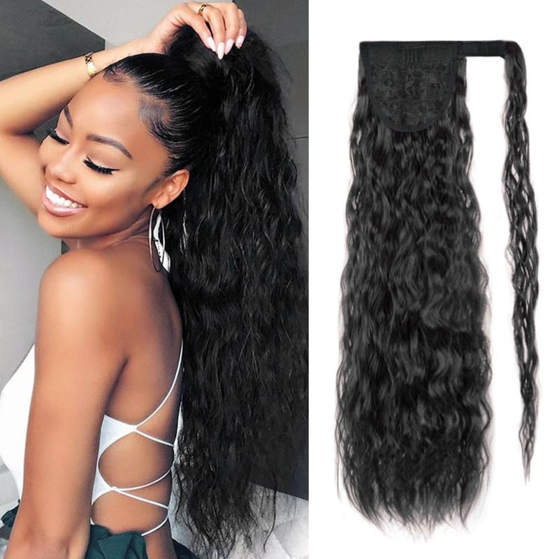 rosmile Corn Wave Ponytail Extension Wrap Around 26 Inches Long Curly Wavy Pony Tail Extension Synthetic Black Ponytails Hairpiece for Women Girls (26 Inches, 1B Natural Black) - Image 1