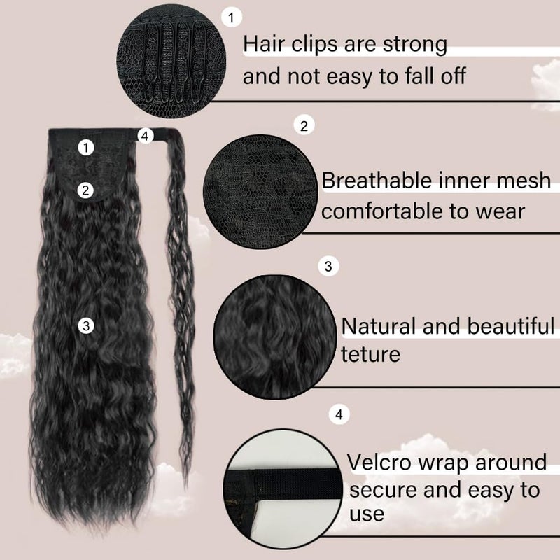 rosmile Corn Wave Ponytail Extension Wrap Around 26 Inches Long Curly Wavy Pony Tail Extension Synthetic Black Ponytails Hairpiece for Women Girls (26 Inches, 1B Natural Black) - Image 5
