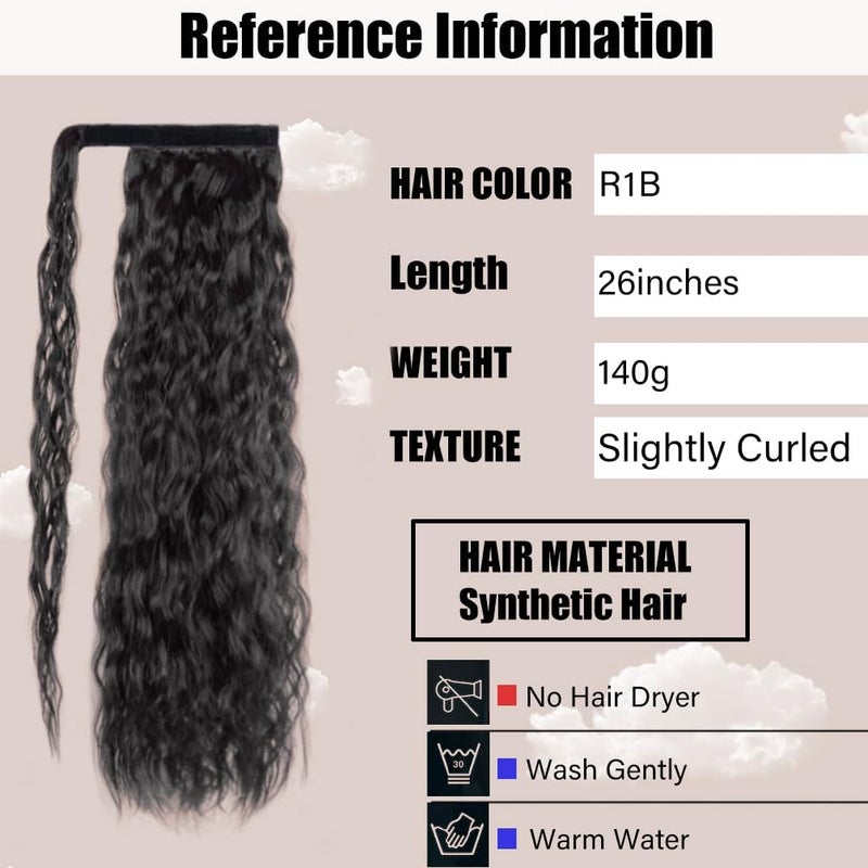rosmile Corn Wave Ponytail Extension Wrap Around 26 Inches Long Curly Wavy Pony Tail Extension Synthetic Black Ponytails Hairpiece for Women Girls (26 Inches, 1B Natural Black) - Image 3