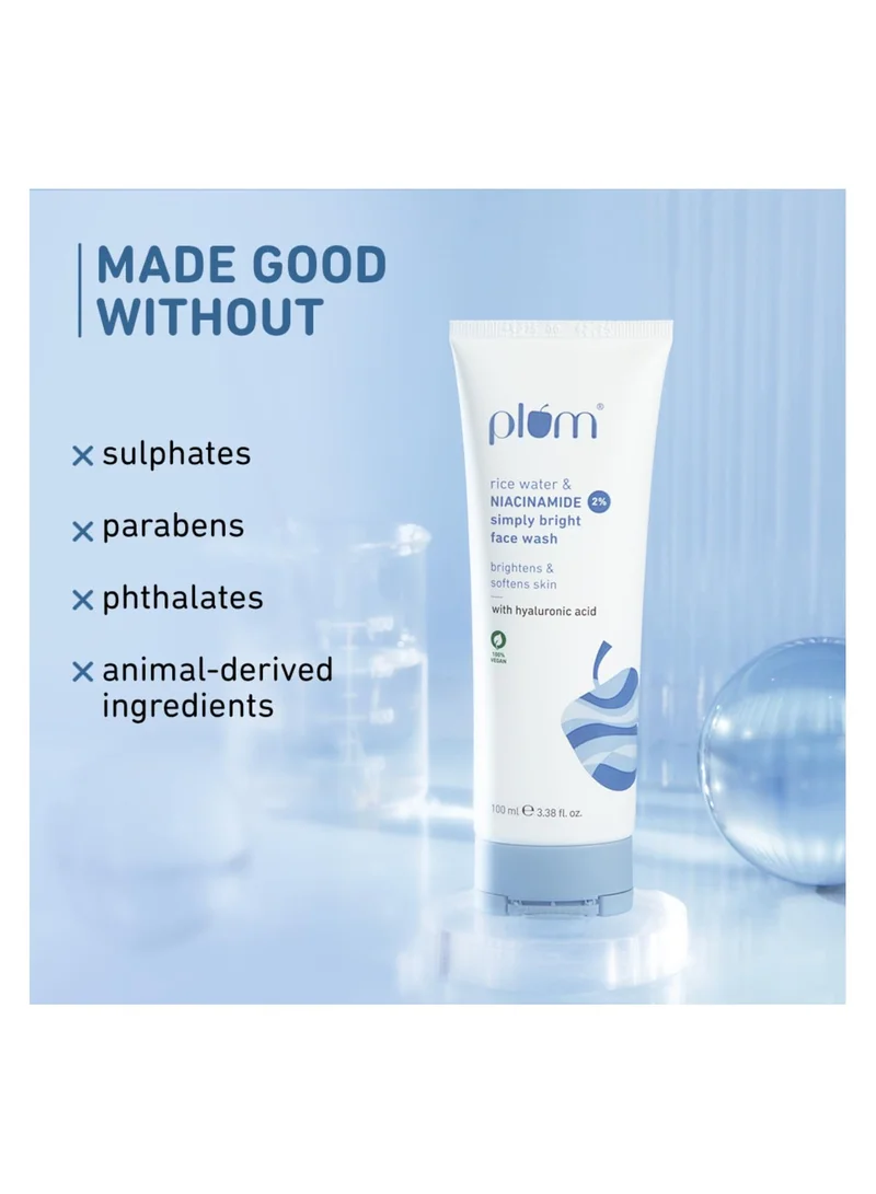 Plum 2% Niacinamide Face Wash 100ml Plum Simply Bright 2% Niacinamide Face Wash With Rice Water Brightens Skin Softens & Smoothens Skin Gentle & Non-Drying Women & Men 100% Vegan 100 ml for Women | Best Price UAE