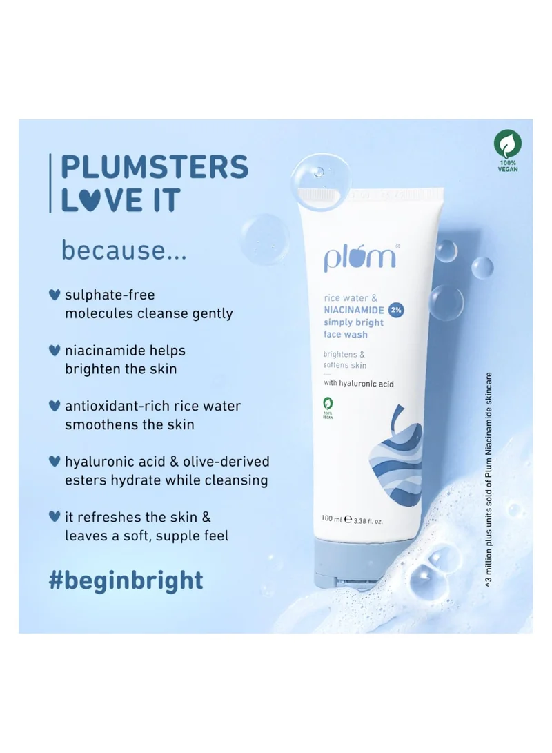 Plum 2% Niacinamide Face Wash 100ml Plum Simply Bright 2% Niacinamide Face Wash With Rice Water Brightens Skin Softens & Smoothens Skin Gentle & Non-Drying Women & Men 100% Vegan 100 ml for Women | Best Price UAE