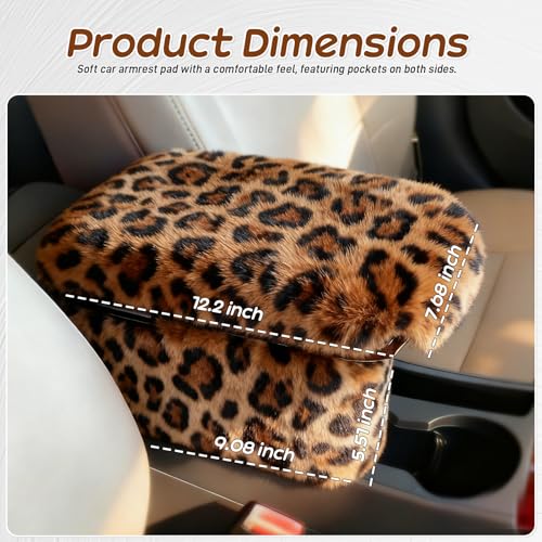 I3DIDEA Fluffy Car Armrest Cover with Side Pockets Plush Fuzzy Fur Center Console Armrest Cushion Pad Universal Winter Car Interior Protector Soft Arm Rest Cover with Storage for Women Men Leopard - Image 3