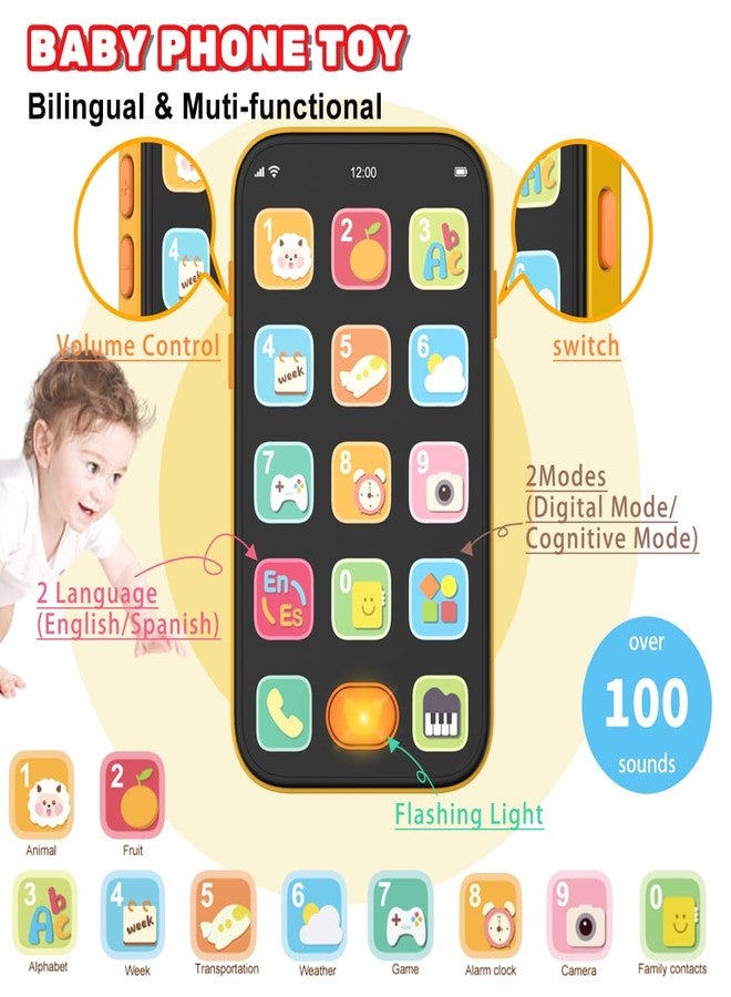 iKOIHO Baby Phone TV Remote Toy Set, Bilingual Play Phones Toy Remote for Baby with Music Light for 6+ Months, Early Learning Baby Toys Gift for 1 Year Old Boys Girls Toddler Infant, English/Spanish, Orange - Image 3