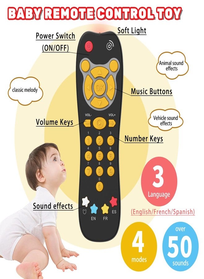 iKOIHO Baby Phone TV Remote Toy Set, Bilingual Play Phones Toy Remote for Baby with Music Light for 6+ Months, Early Learning Baby Toys Gift for 1 Year Old Boys Girls Toddler Infant, English/Spanish, Orange - Image 2