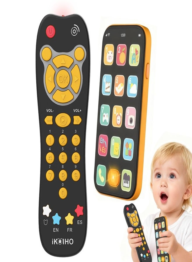 iKOIHO Baby Phone TV Remote Toy Set, Bilingual Play Phones Toy Remote for Baby with Music Light for 6+ Months, Early Learning Baby Toys Gift for 1 Year Old Boys Girls Toddler Infant, English/Spanish, Orange - Image 1