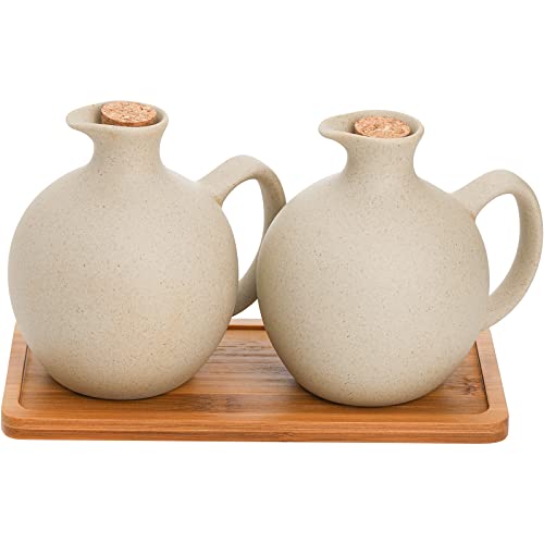 Elsjoy Set of 2 Ceramic Oil Vinegar Dispenser with Cork and Tray, 15 Oz Tabletop Oil Bottles Soy Sauce Jar, Decorative Olive Oil Stoneware Holder Vinegar Container for Kitchen - Image 1
