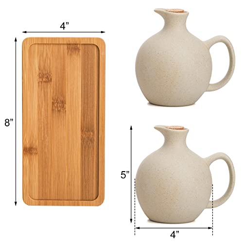 Elsjoy Set of 2 Ceramic Oil Vinegar Dispenser with Cork and Tray, 15 Oz Tabletop Oil Bottles Soy Sauce Jar, Decorative Olive Oil Stoneware Holder Vinegar Container for Kitchen - Image 2