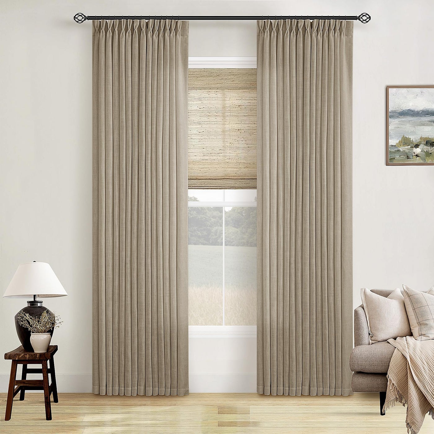 TWODRAPES Greige 80 Inches Long Linen Curtains for Living Room Pinch Pleat Hooks for Living Room Back Tab Thick Linen Textured Pleated Drapes Light Filtering Tan Taupe Bedroom Window Curtains 80 Inch