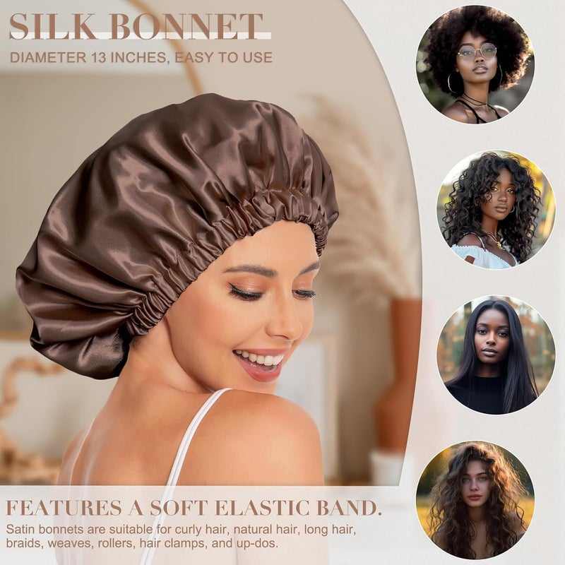 Edoneery Satin Bonnet Silk Bonnet Hair Bonnet for Sleeping-Slouchy Beanie Hat Satin Sleep Cap for Women's Natural & Curly Hair(Black&Brown) - Image 3