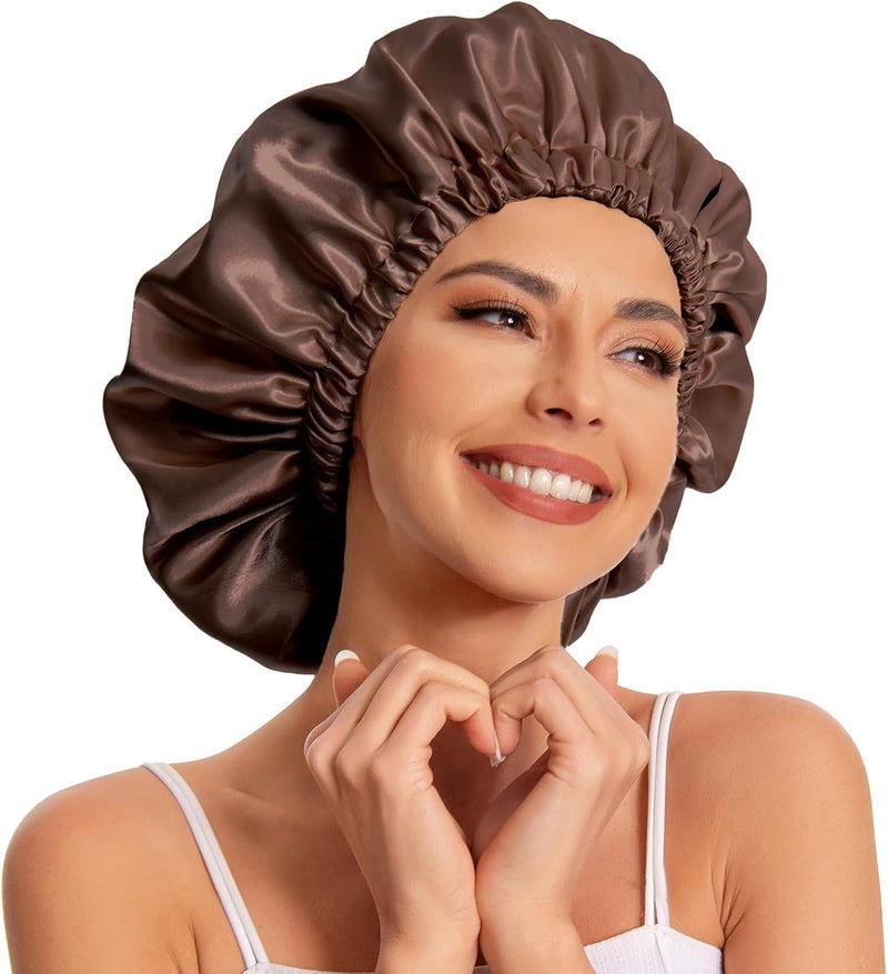 Edoneery Satin Bonnet Silk Bonnet Hair Bonnet for Sleeping-Slouchy Beanie Hat Satin Sleep Cap for Women's Natural & Curly Hair(Black&Brown) - Image 4
