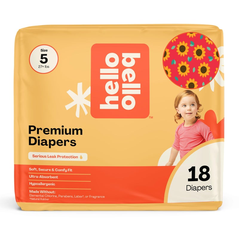 Hello Bello Diapers, Size 5 (27 lbs) Flower Child, 18 Count of Premium Disposable Baby Diapers, Hypoallergenic with Soft, Cloth-Like Feel - Image 1