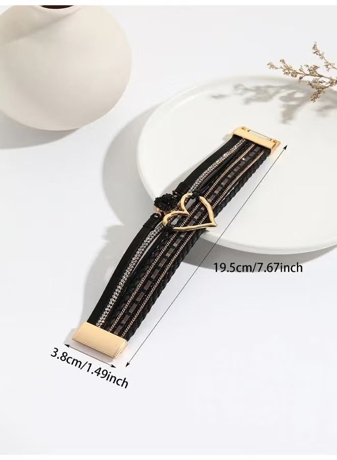 سوار عصري متعدد الطبقات على الطراز البوهيمي - مصنوع يدويًا من جلد البولي يوريثان مع سحر الحب الكبير الذهبي - قابل للتعديل ومتين وأنيق - إكسسوار مثالي على طراز بوهو شيك للسيدات (أسود) - Image 5