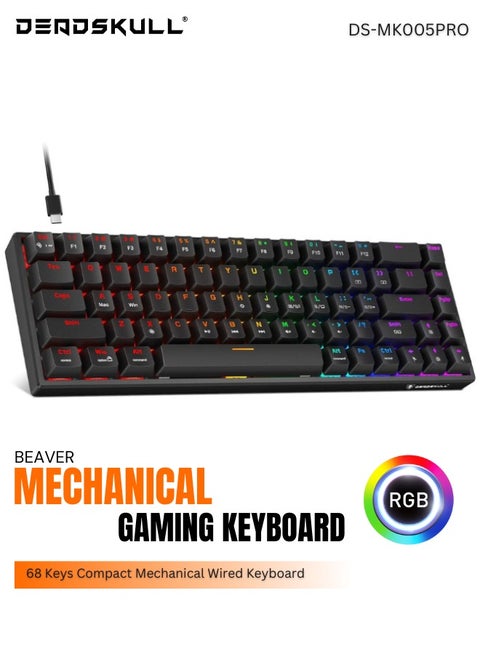 Beaver Mechanical Gaming Keyboard 68 Keys with RGB Backlit Slim Bezel Design USB-C Wired Advanced anti-ghosting English&Arabic Layout PC Keyboard Compatible with Windows, MAC OS.Linux