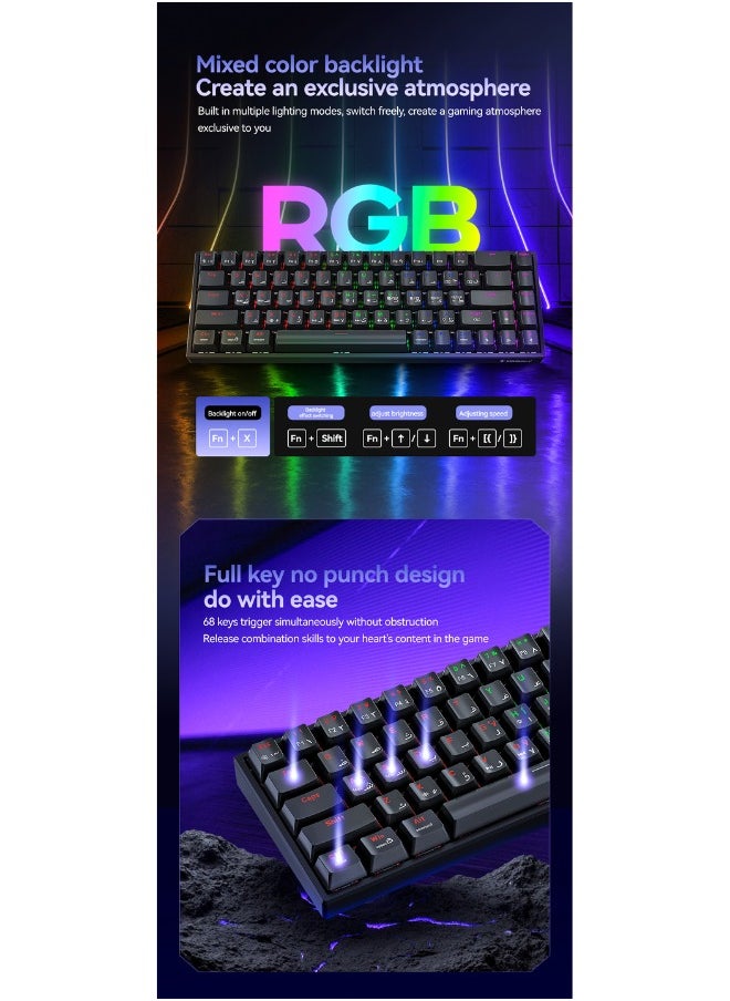 دايد سكل - لوحة مفاتيح ميكانيكية للألعاب مكونة من 68 مفتاحًا مع إضاءة خلفية RGB وحواف رفيعة ومنفذ USB-C سلكي ومتقدم مضاد للتداخل وتخطيط إنجليزي وعربي ولوحة مفاتيح للكمبيوتر الشخصي متوافقة مع أنظمة التشغيل Windows وMAC OS وLinux - Image 1