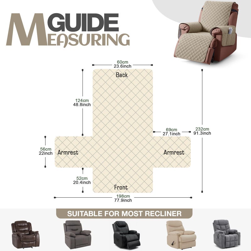 KinCam 100% Waterproof Recliner Chair Cover, Reclining Couch Covers for Pets, Dogs, Recliner Couch Slipcover Furniture Protector with Elastic Straps for Kids(23.6", Khaki) - Image 4