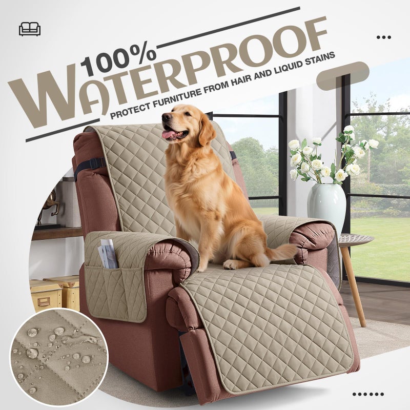 KinCam 100% Waterproof Recliner Chair Cover, Reclining Couch Covers for Pets, Dogs, Recliner Couch Slipcover Furniture Protector with Elastic Straps for Kids(23.6", Khaki) - Image 3