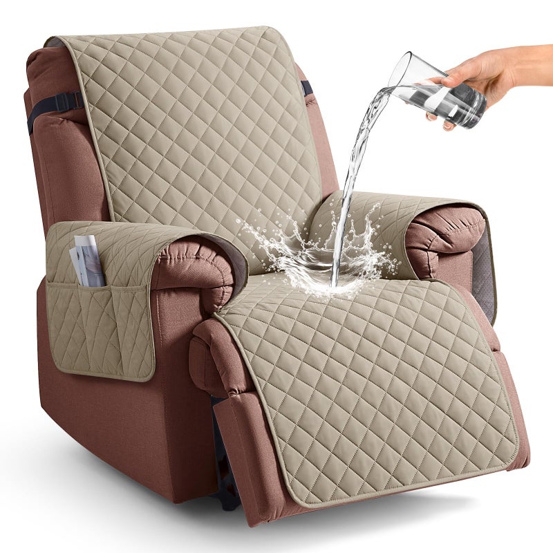 KinCam 100% Waterproof Recliner Chair Cover, Reclining Couch Covers for Pets, Dogs, Recliner Couch Slipcover Furniture Protector with Elastic Straps for Kids(23.6", Khaki) - Image 1